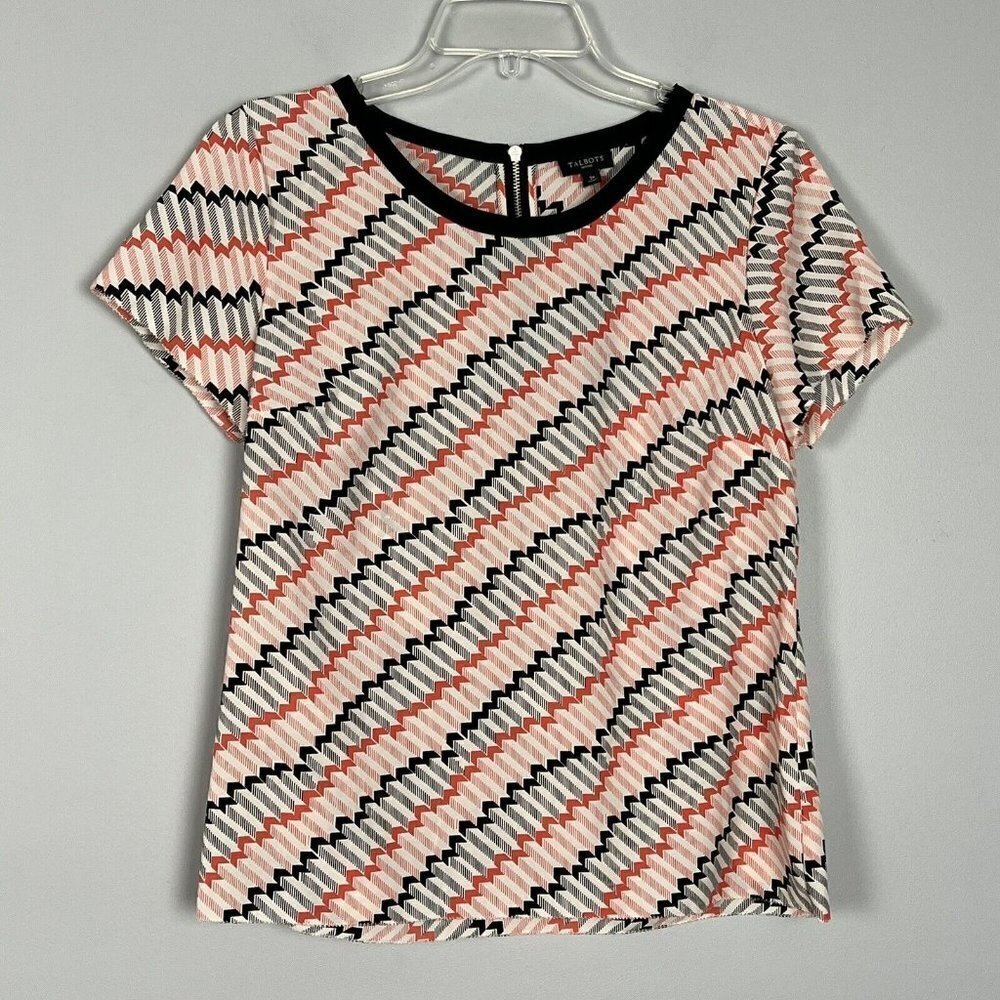 Talbots Short Sleeve Blouse Salmon Pink Black Back Zipper Size 2P NWT
